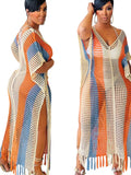 Striped Crochet Fringe Beach Cover-Up Midi Dress