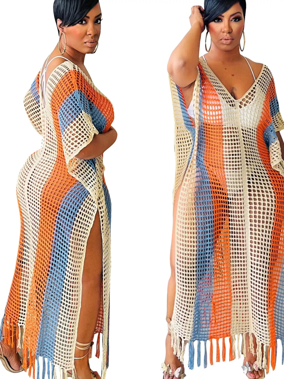 Striped Crochet Fringe Beach Cover-Up Midi Dress