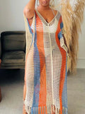 Striped Crochet Fringe Beach Cover-Up Midi Dress Sherbet / S