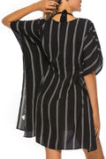 Striped Drawstring V-Neck Beach Cover-Up Dress