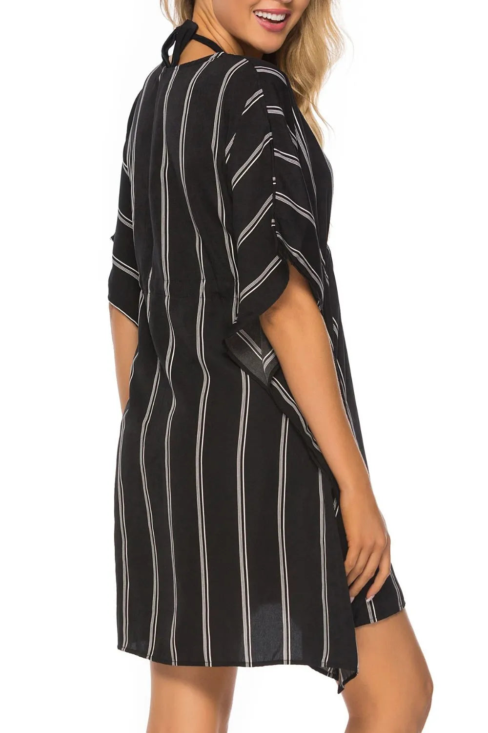 Striped Drawstring V-Neck Beach Cover-Up Dress