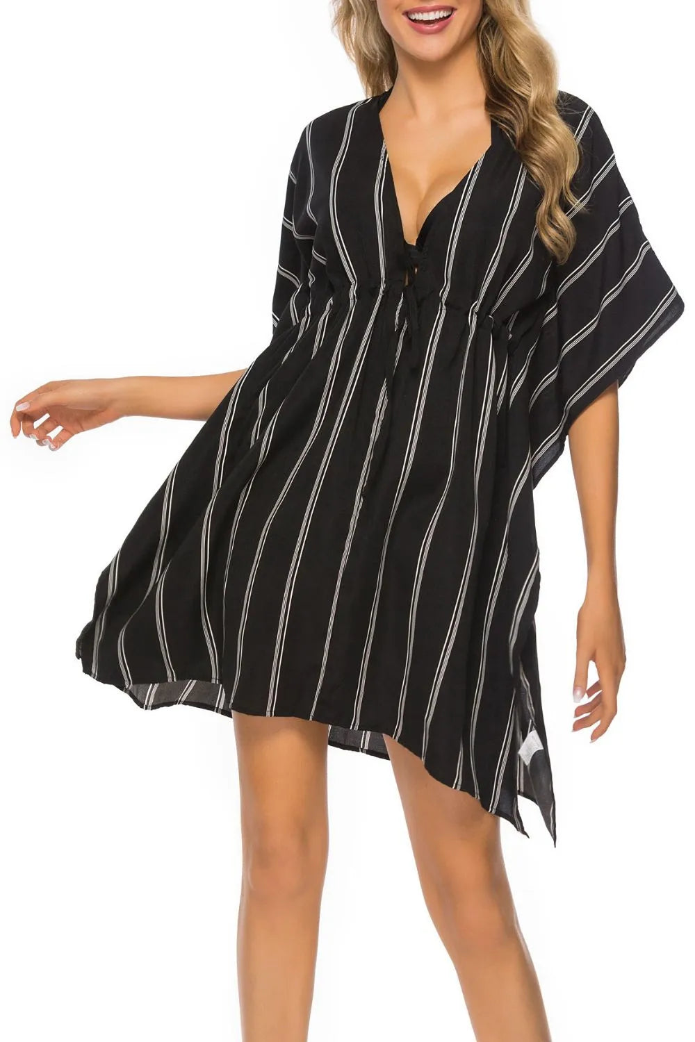 Striped Drawstring V-Neck Beach Cover-Up Dress Black / S