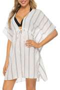 Striped Drawstring V-Neck Beach Cover-Up Dress White / S
