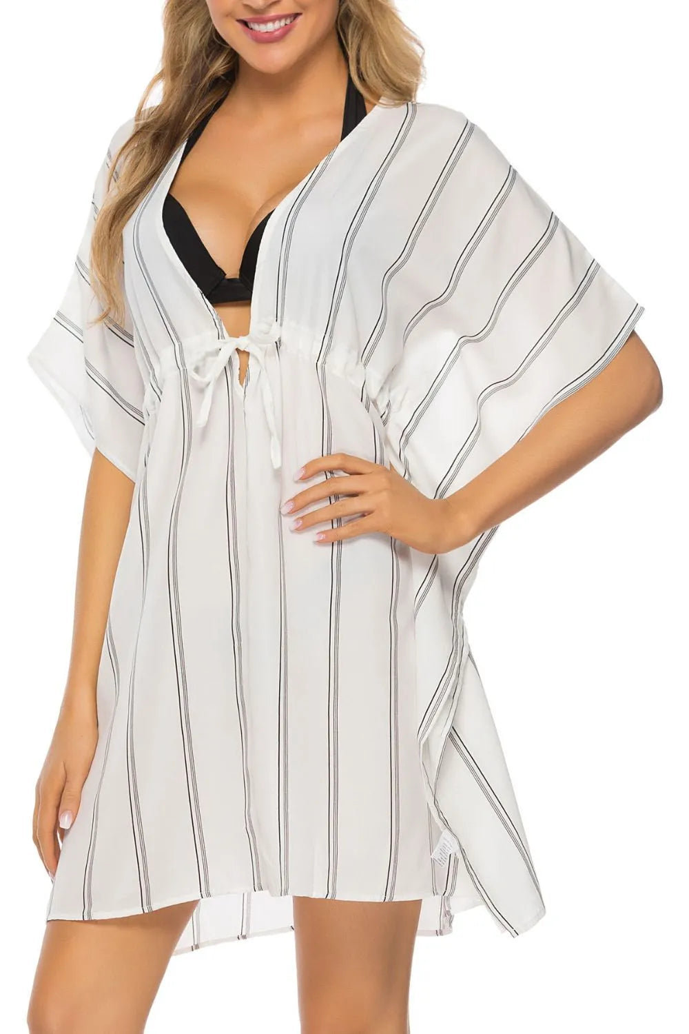 Striped Drawstring V-Neck Beach Cover-Up Dress White / S