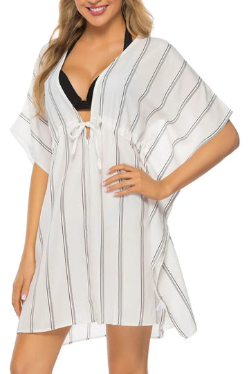 Striped Drawstring V-Neck Beach Cover-Up Dress White / S