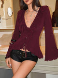 Tie-Front Flare Sleeve Blouse Medium Purplish-red / S