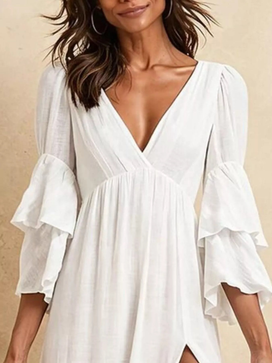 Tiered Ruffle Sleeve High-Slit Maxi Dress White / XS