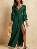 Tiered Ruffle Sleeve High-Slit Maxi Dress