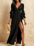 Tiered Ruffle Sleeve High-Slit Maxi Dress