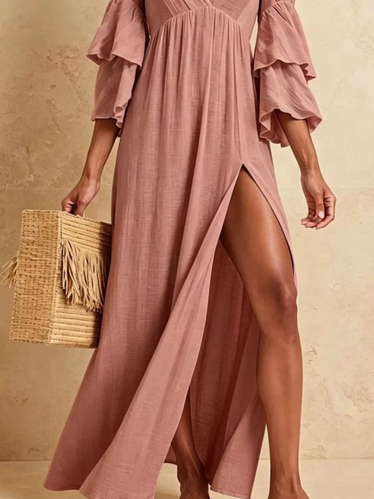 Tiered Ruffle Sleeve High-Slit Maxi Dress Dusty Pink / XS