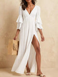 Tiered Ruffle Sleeve High-Slit Maxi Dress White / XS