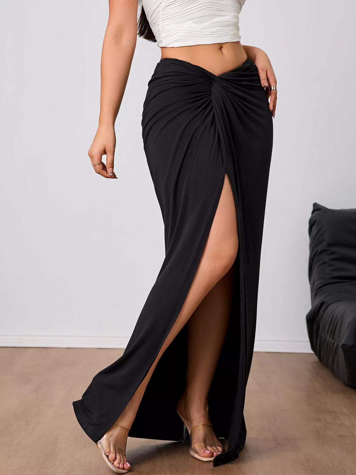 Twist-Front Slit Bodycon Maxi Skirt