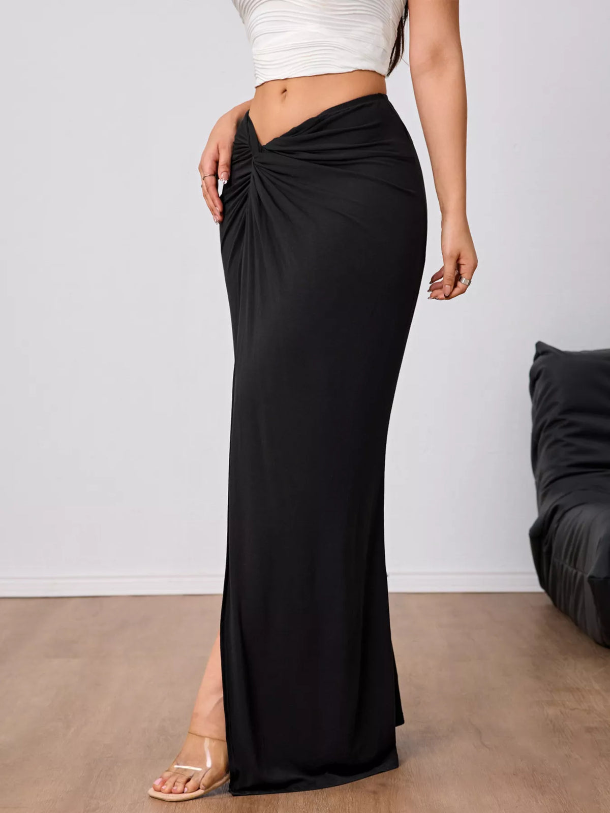 Twist-Front Slit Bodycon Maxi Skirt