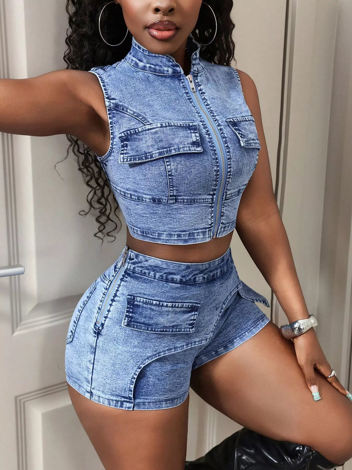Zip-Front Denim Crop Top and Shorts Set