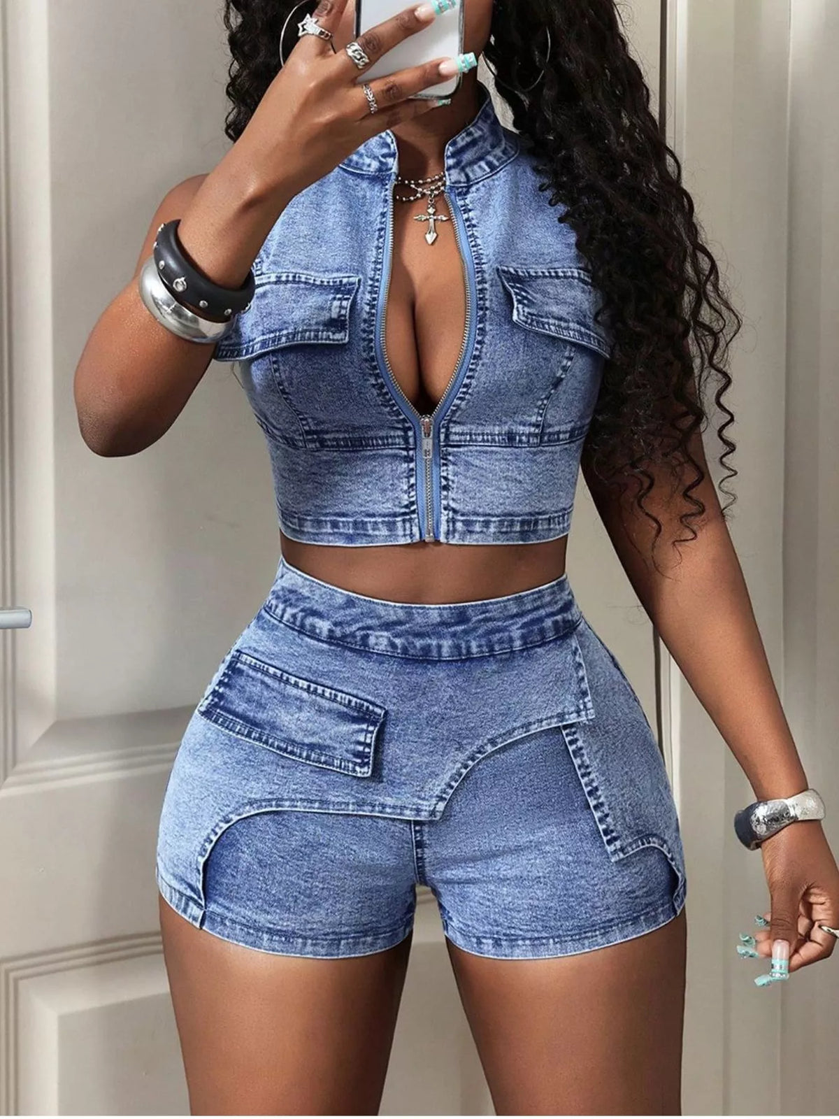 Zip-Front Denim Crop Top and Shorts Set