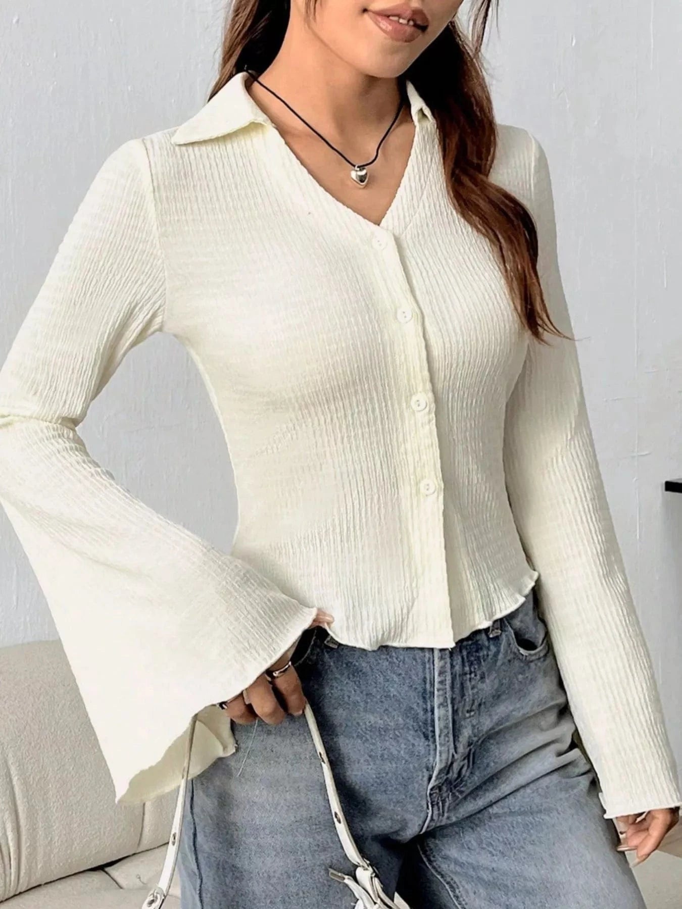 Women tops Apricot / S Button Up Flare Sleeve Shirt Button Up Flare Sleeve Shirt