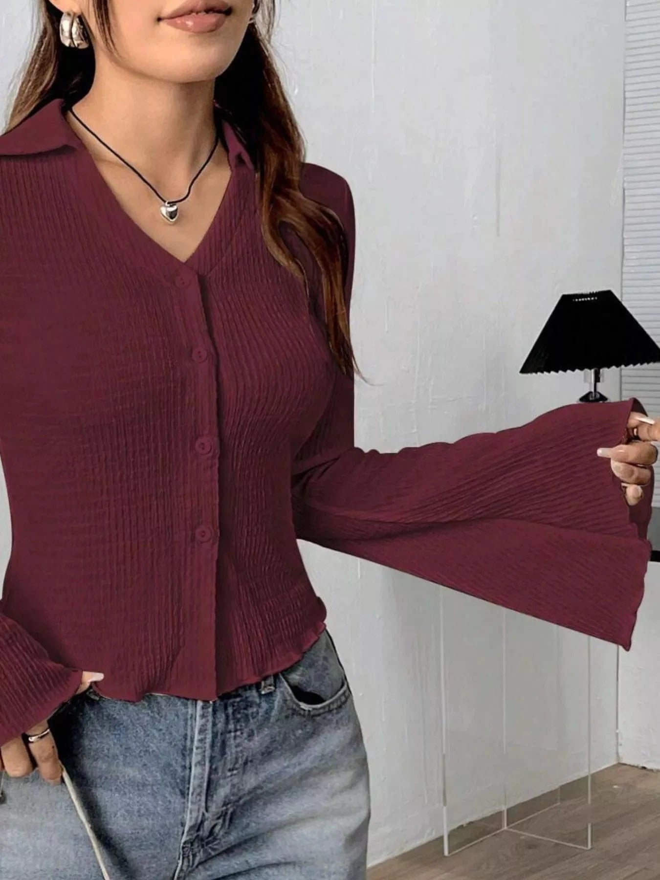 Women tops Burgundy / S Button Up Flare Sleeve Shirt Button Up Flare Sleeve Shirt