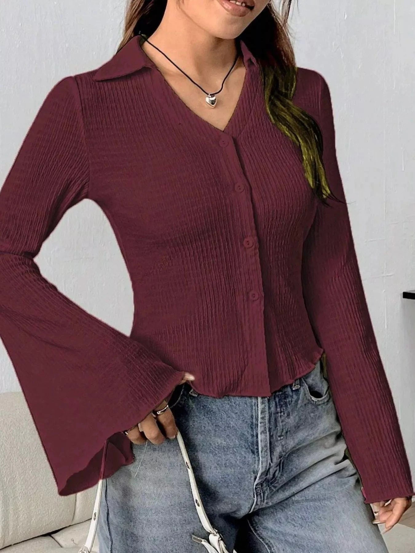 Women tops Button Up Flare Sleeve Shirt Button Up Flare Sleeve Shirt