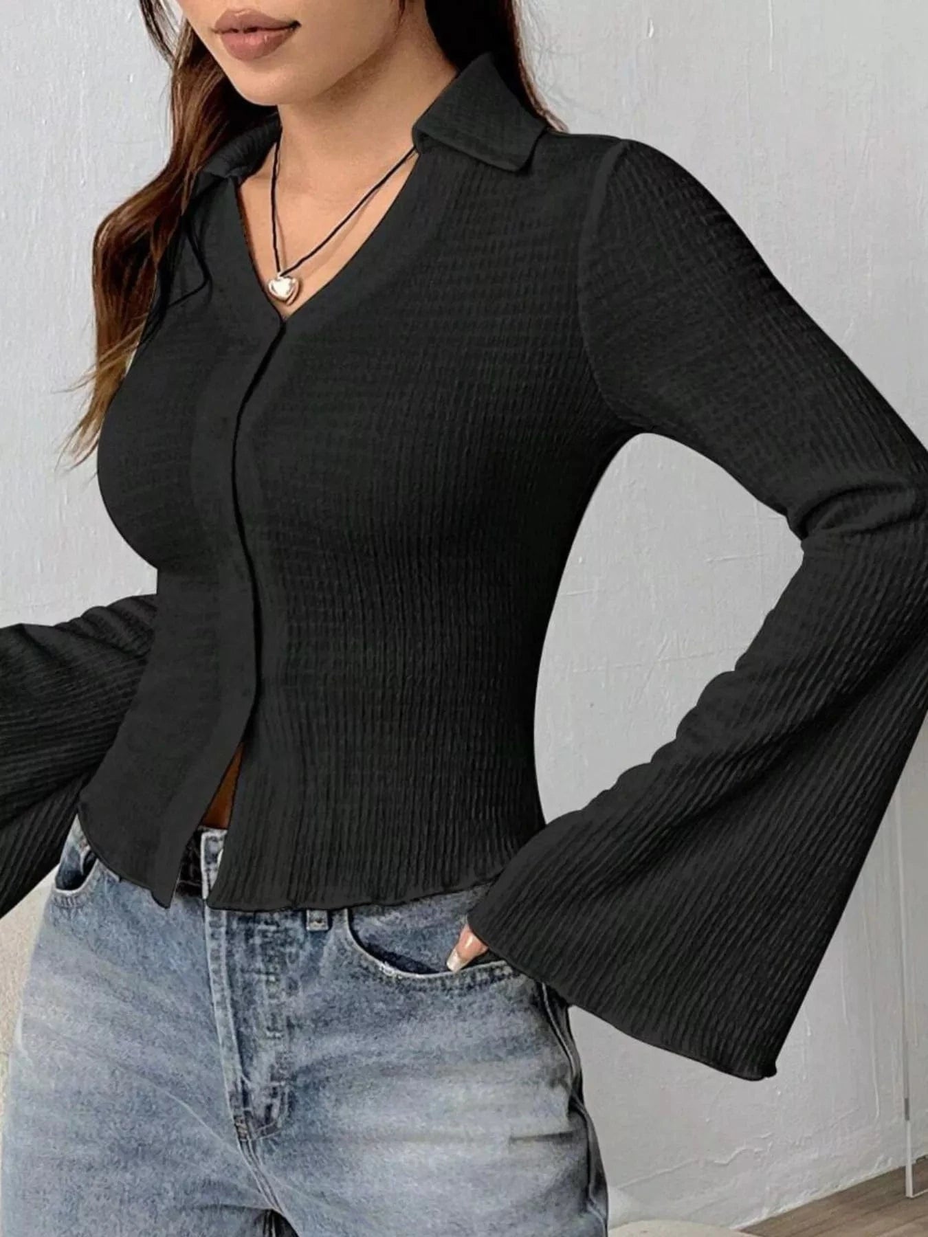 Women tops Button Up Flare Sleeve Shirt Button Up Flare Sleeve Shirt