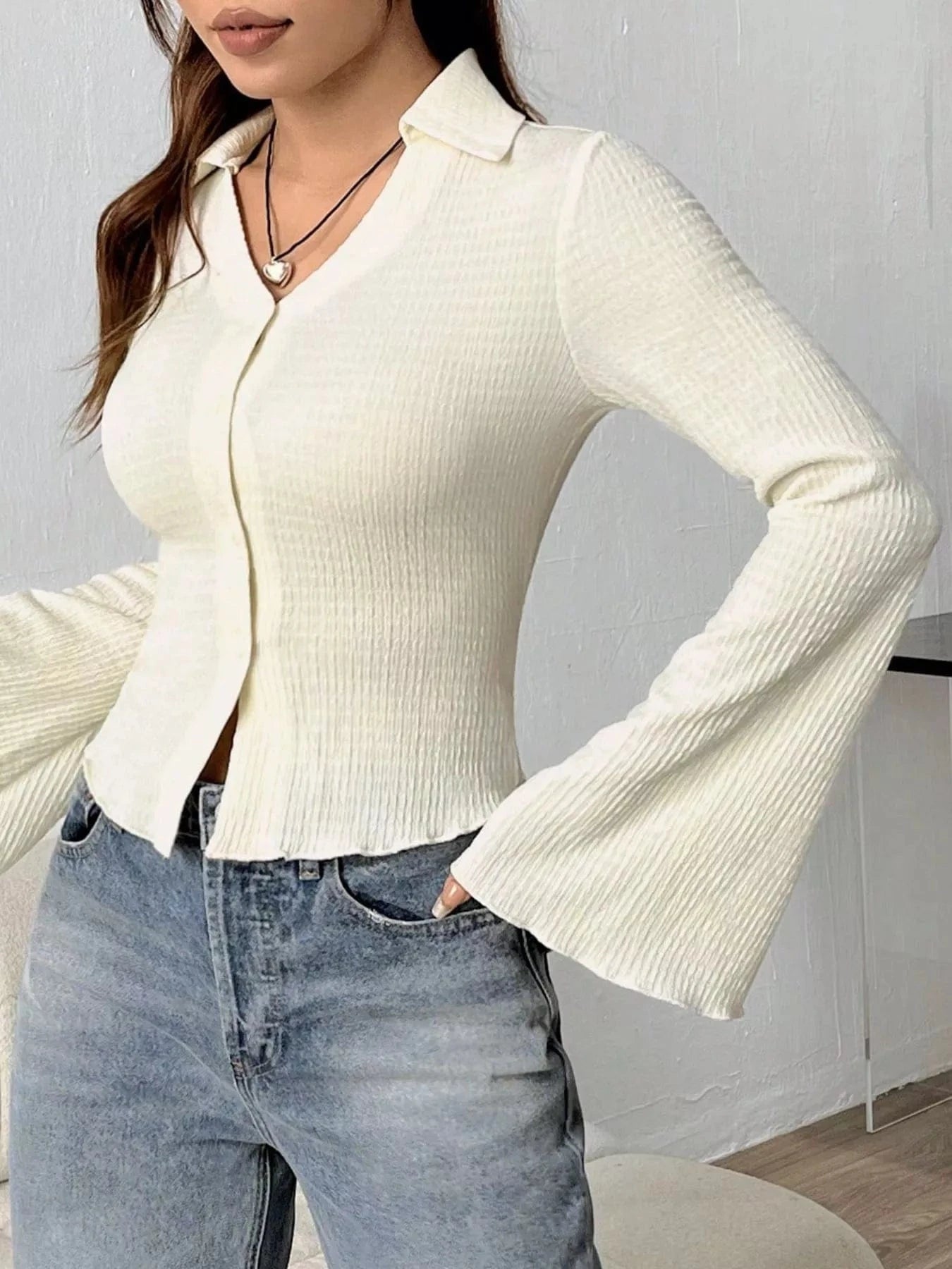Women tops Button Up Flare Sleeve Shirt Button Up Flare Sleeve Shirt