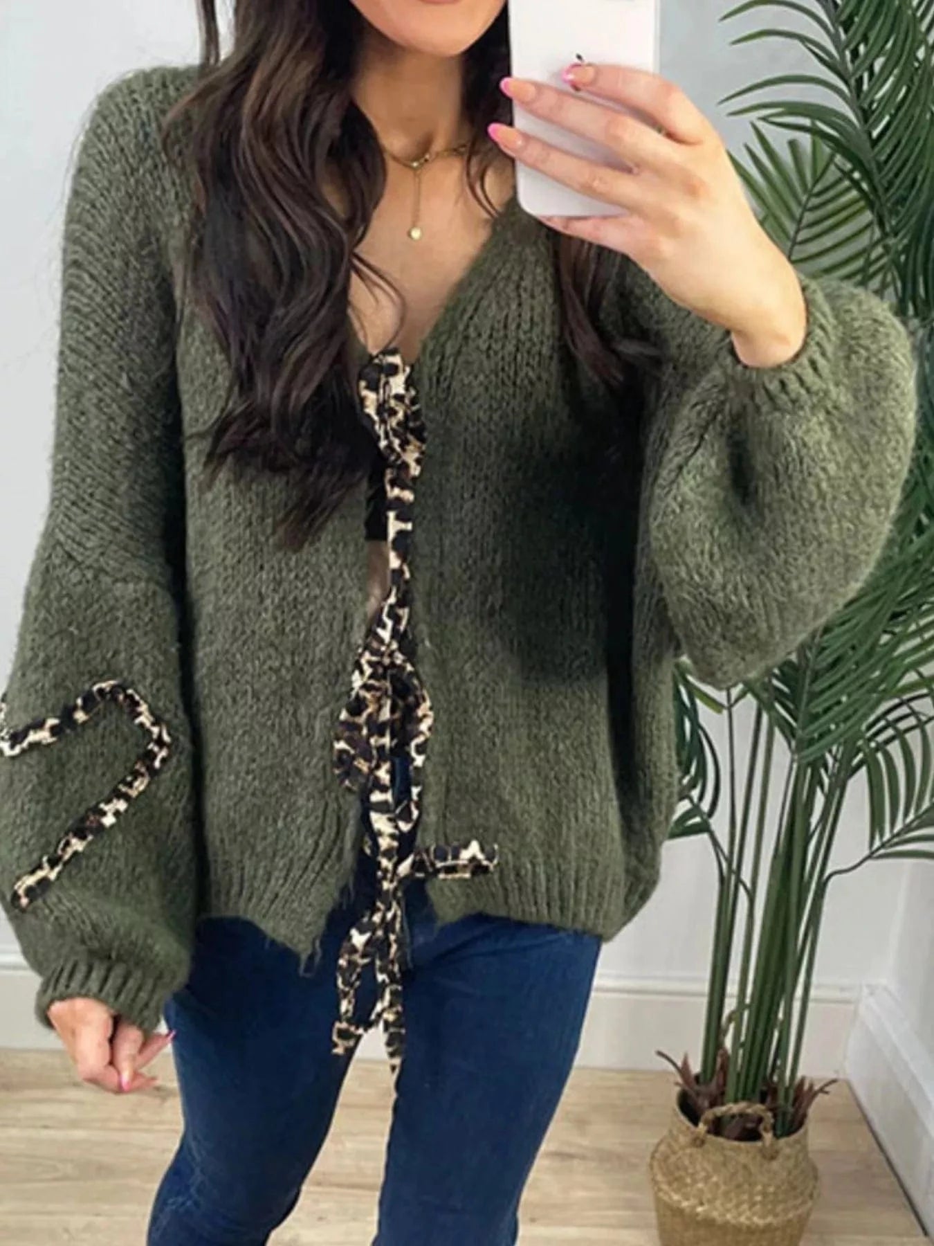 Women tops Military Green / S Tie Front Long Sleeve Sweater Tie Front Long Sleeve Sweater