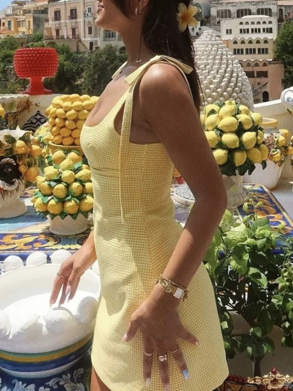Yellow Gingham Tie-Shoulder Mini Dress