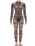 Zebra Print Long Sleeve Bodycon Jumpsuit