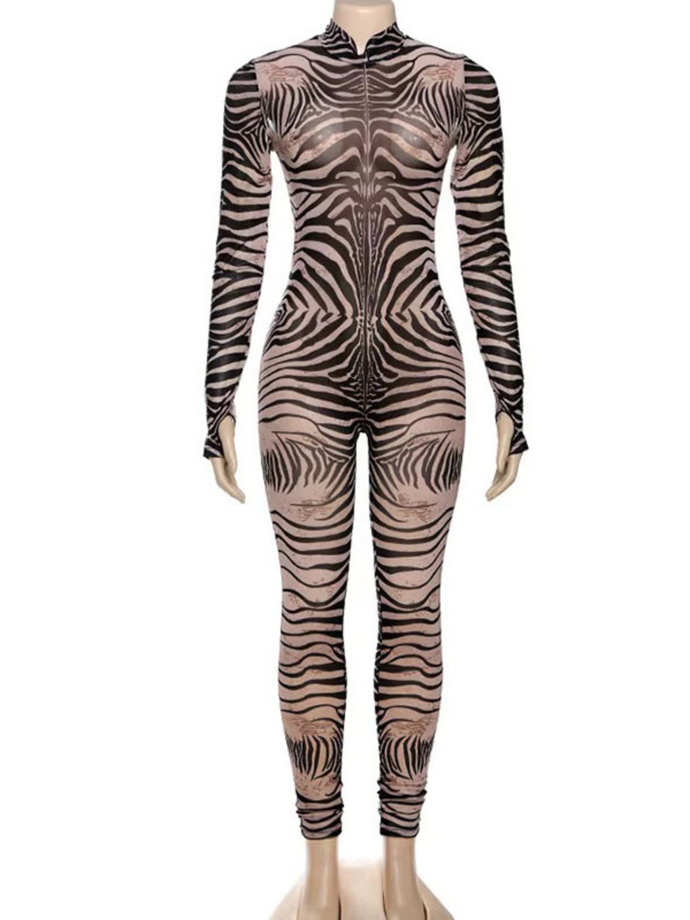 Zebra Print Long Sleeve Bodycon Jumpsuit