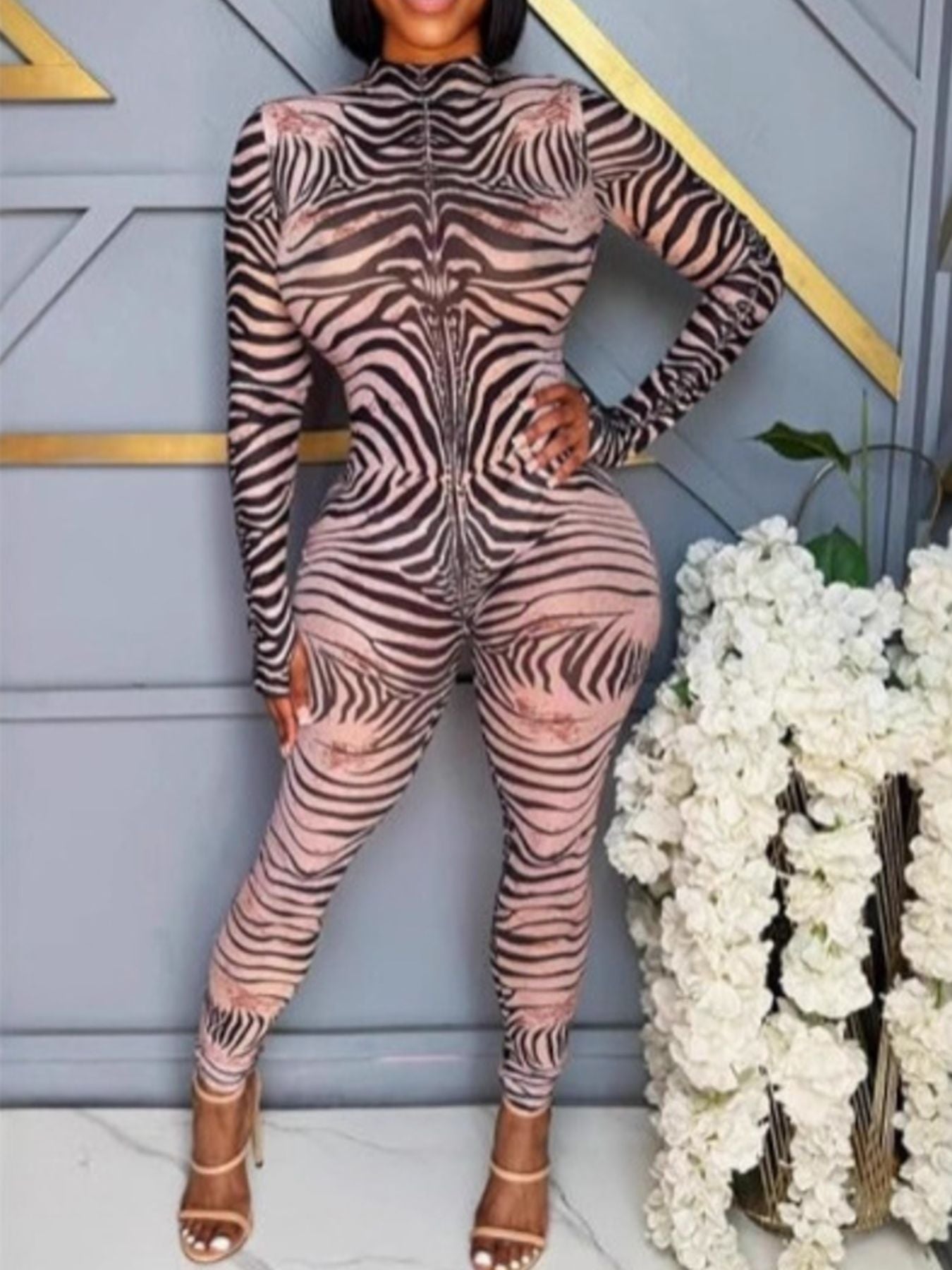 Zebra Print Long Sleeve Bodycon Jumpsuit Zebra / S