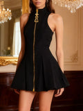 Zip-Front Sleeveless Mini Dress Black / S