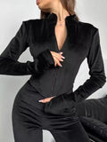 Zip-Up Crop Top and Flared Pants Two-Piece Set