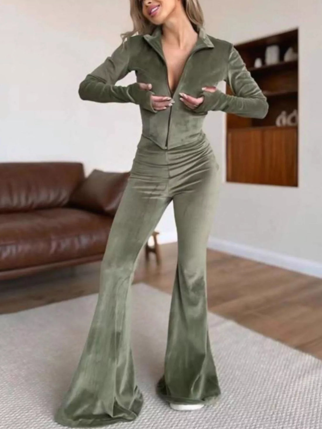Zip-Up Crop Top and Flared Pants Two-Piece Set Army Green / S