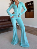 Zip-Up Crop Top and Flared Pants Two-Piece Set Aqua / S