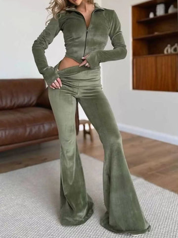 Zip-Up Crop Top and Flared Pants Two-Piece Set Army Green / S