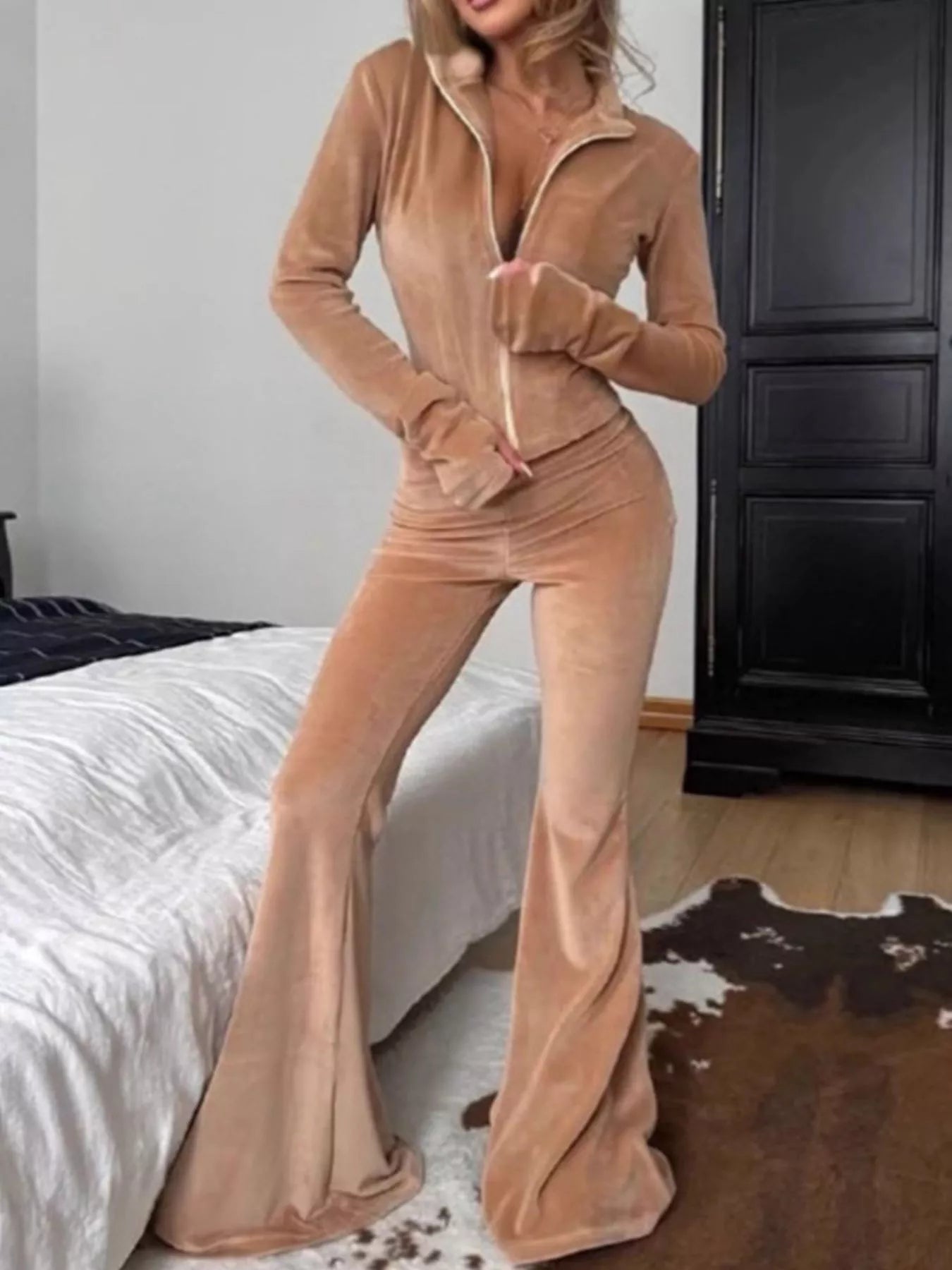 Zip-Up Crop Top and Flared Pants Two-Piece Set Caramel / S