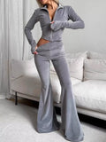 Zip-Up Crop Top and Flared Pants Two-Piece Set Gray / S
