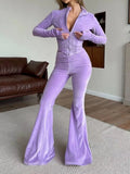 Zip-Up Crop Top and Flared Pants Two-Piece Set Purple / S