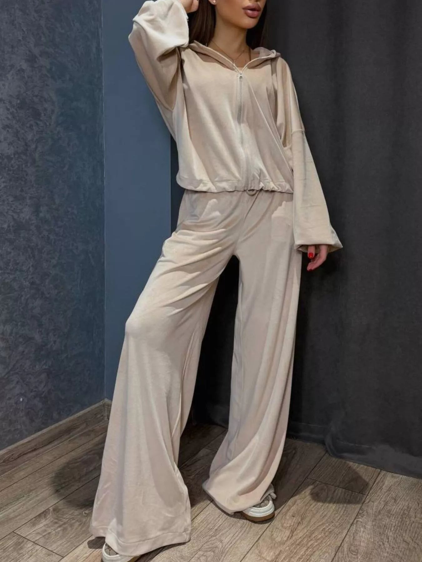 Zip Up Cropped Outerwear and Pants Set Apricot / S