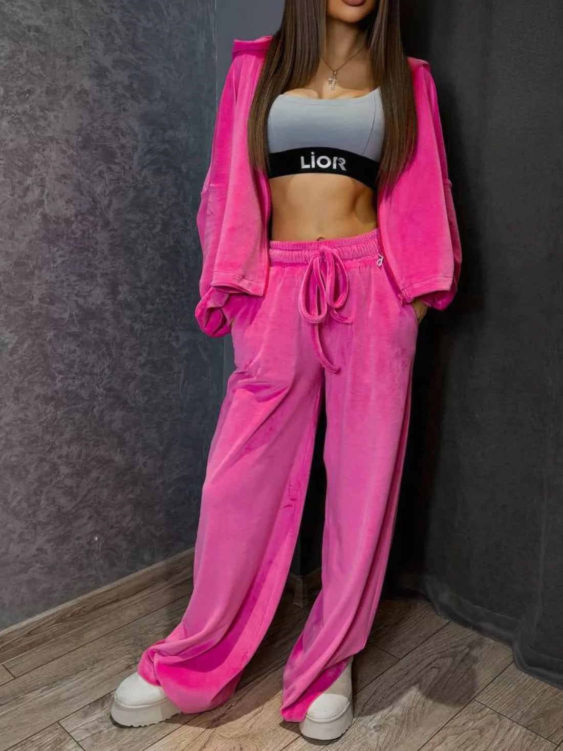 Zip Up Cropped Outerwear and Pants Set Deep Pink / S