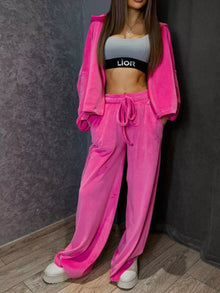 Zip-Up Cropped Jacket & Wide-Leg Pants Set