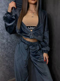 Zip Up Cropped Outerwear and Pants Set Grey / S