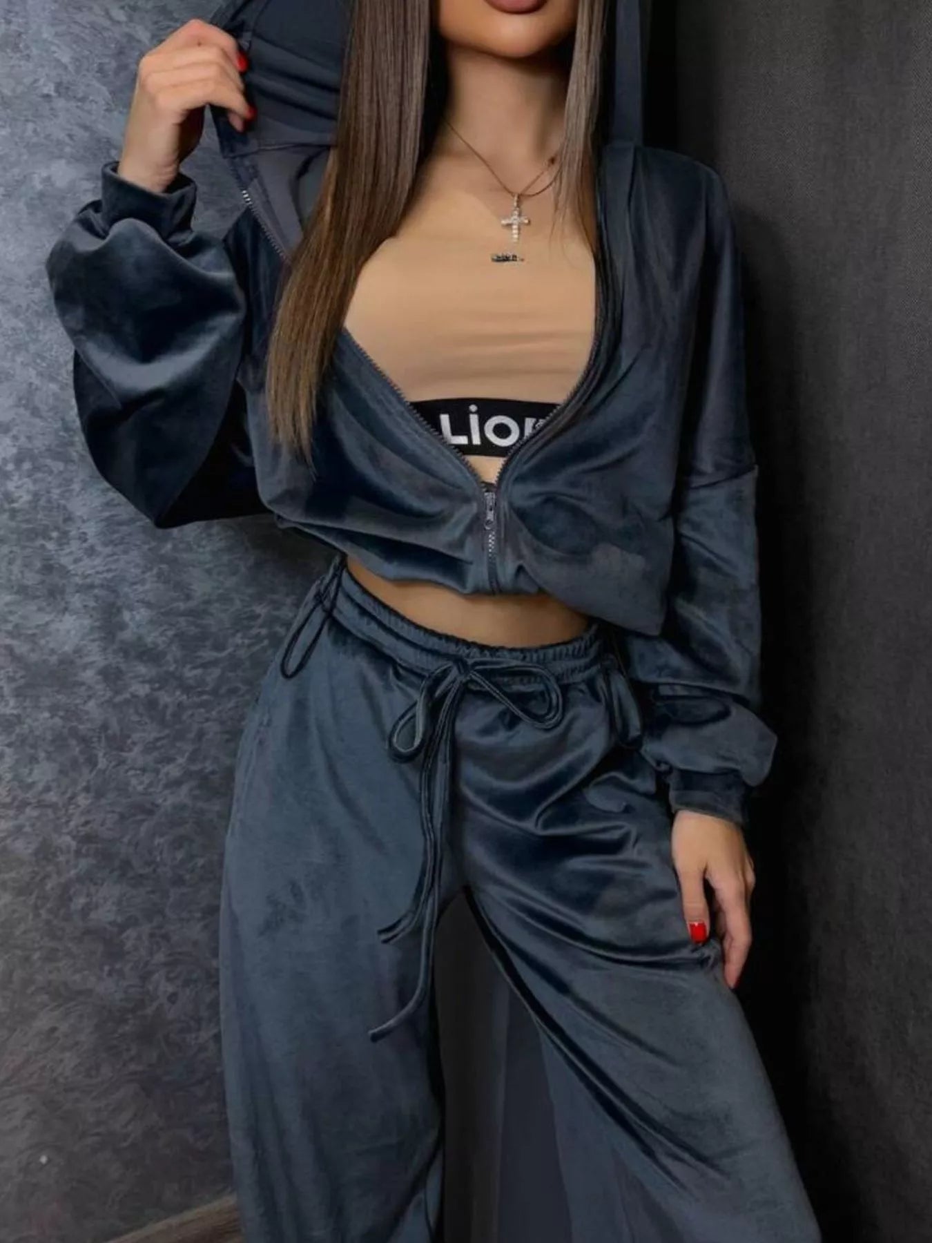 Zip Up Cropped Outerwear and Pants Set Grey / S
