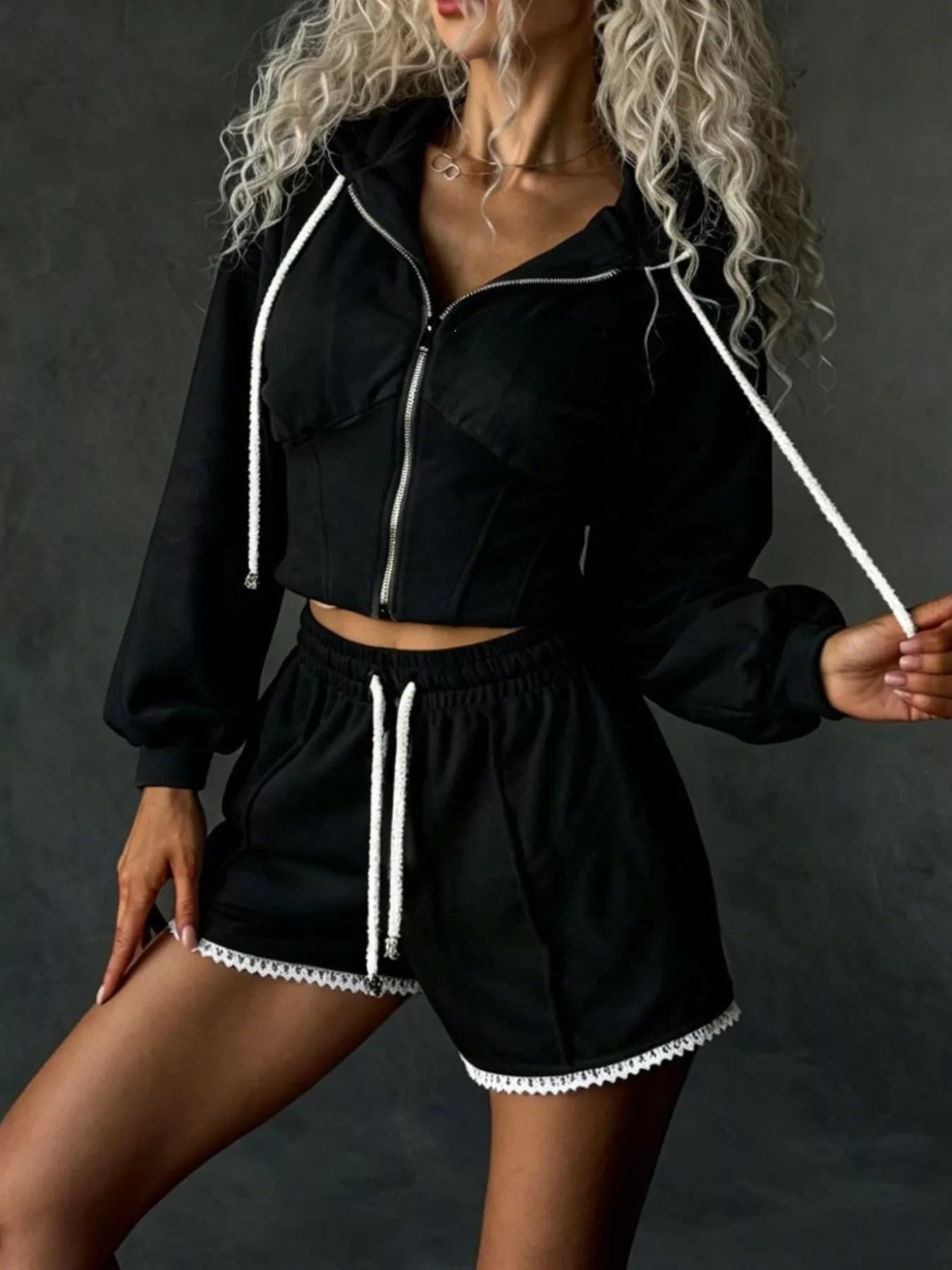 Zip Up Hooded Outerwear and Shorts Set Black / S