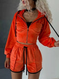 Zip Up Hooded Outerwear and Shorts Set Orange Red / S
