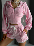 Zip Up Hooded Outerwear and Shorts Set Pink / S