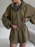Zip-Up Hoodie and Shorts Set Army Green / S