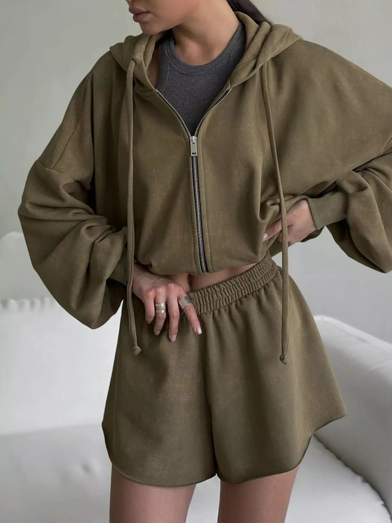 Zip-Up Hoodie and Shorts Set Army Green / S