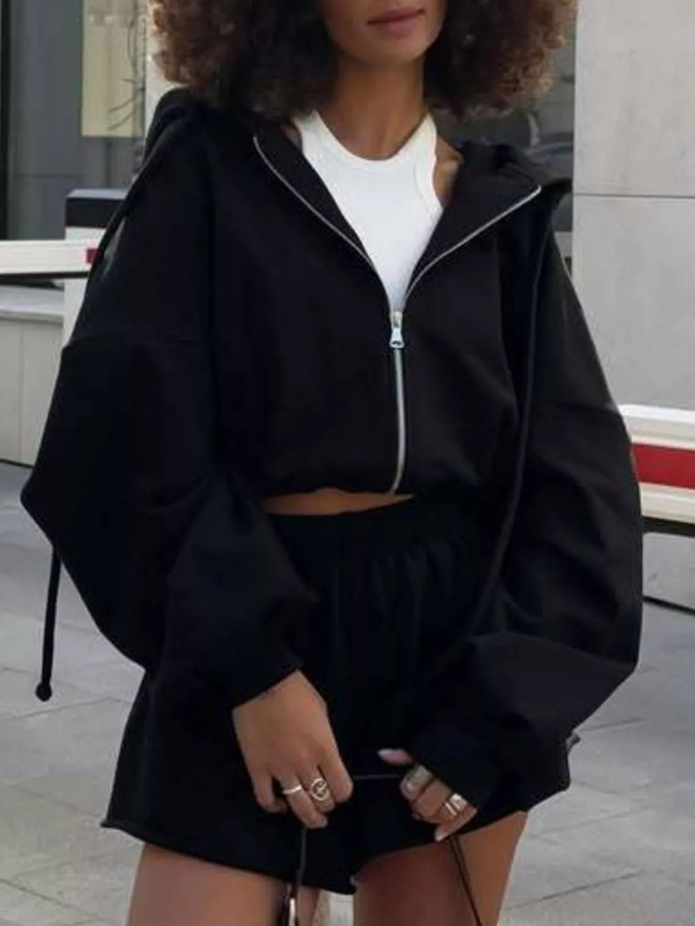 Zip-Up Hoodie and Shorts Set Black / S