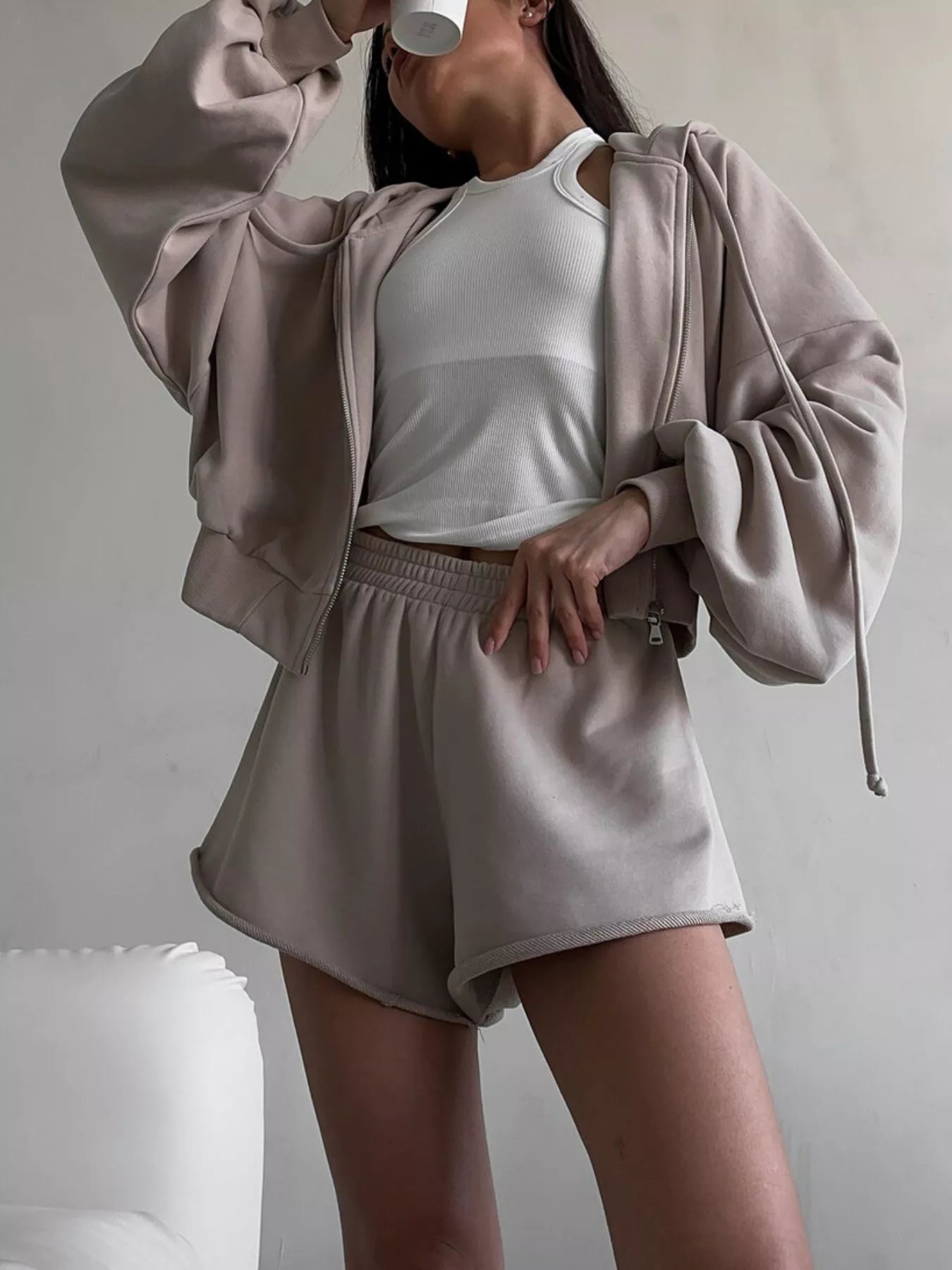Zip-Up Hoodie and Shorts Set Khaki / S