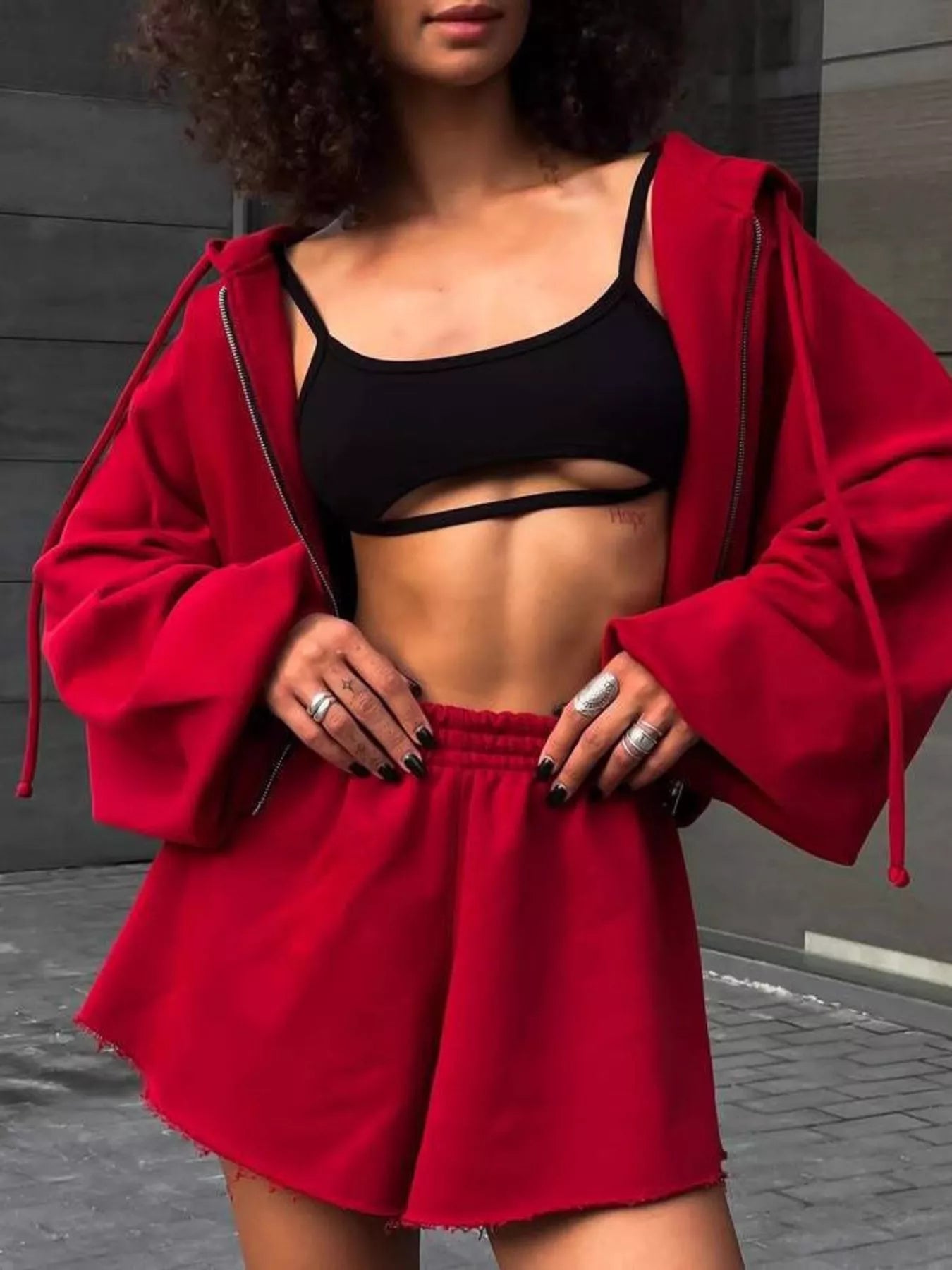 Zip-Up Hoodie and Shorts Set Red / S